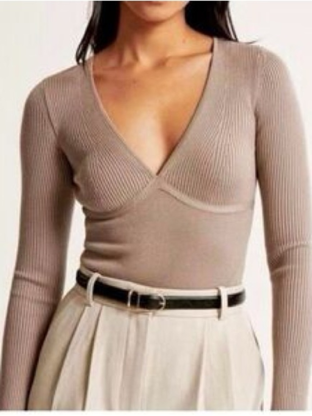 Abercrombie & Fitch Ribbed V-Neck Long Sleeve Top in Taupe